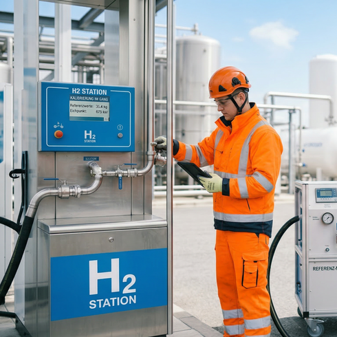A hidrogén-töltőállomáson karbantartási munkákat végző személy