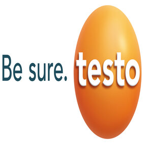 A Testo logó a Testo-val slogan. Egy narancssárga gömb Testo felirattal